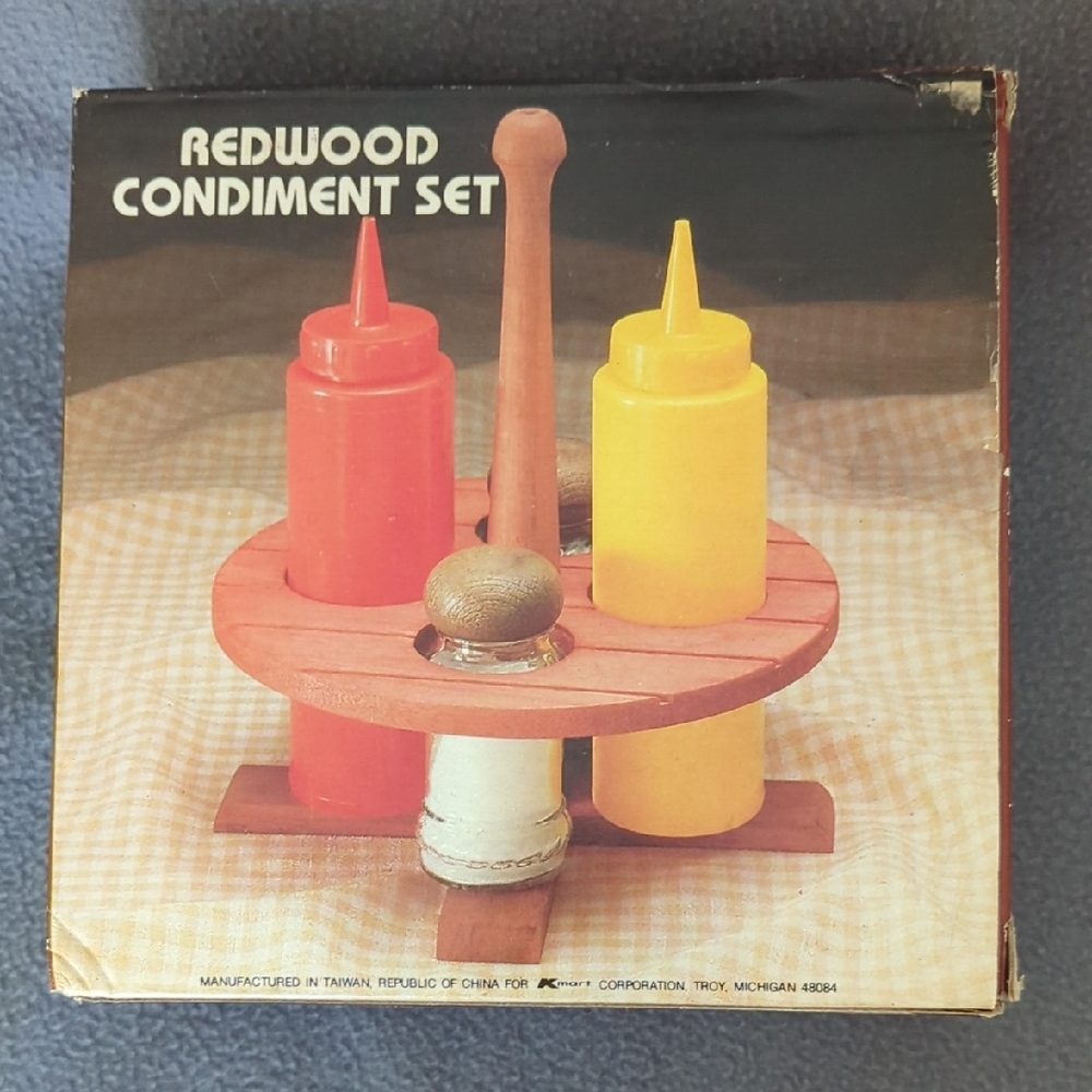 Vintage Condiment Set In Redwood Holder.